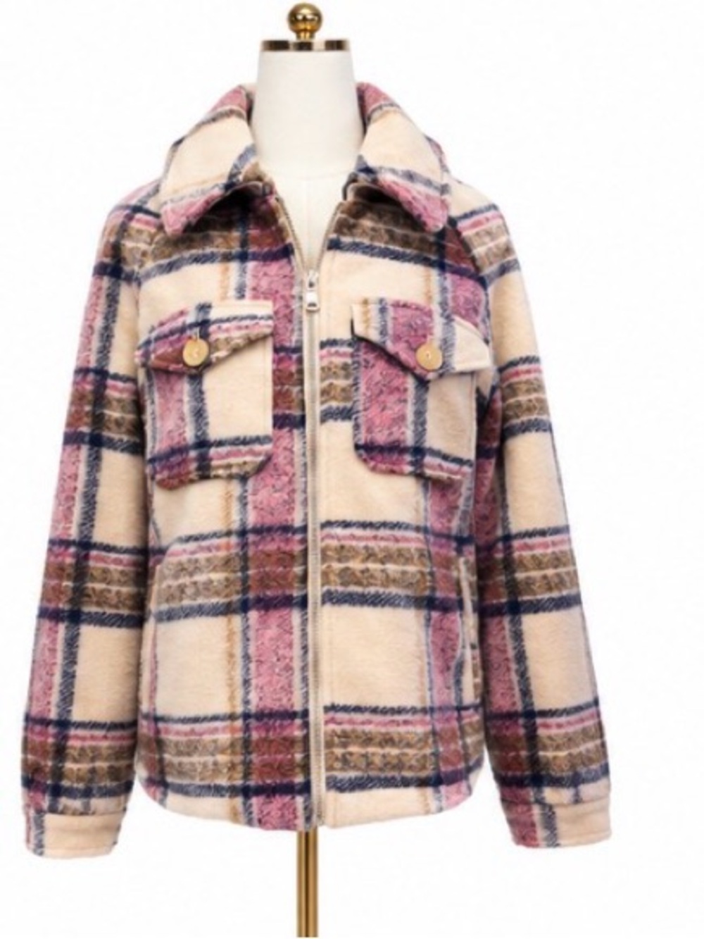 Avec Les Filles Pink Plaid Fleece Zip Jacket — Size Small